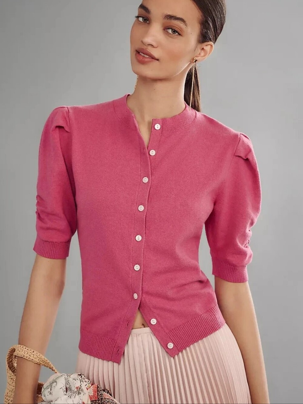 Anthropologie Cotton Cashmere Puff Sleeve Cardigan Sweater M Rose Pink NEW